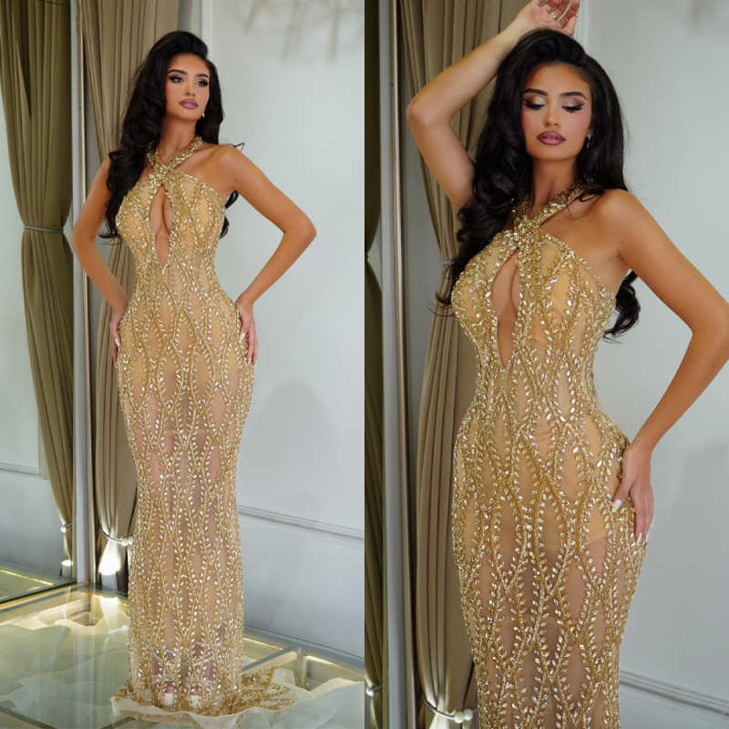 Elegant Halter Beading Evening Dresses Illusion Sleeveless Sequined Mermaid Prom Dress Customized Floor Length Party Gown