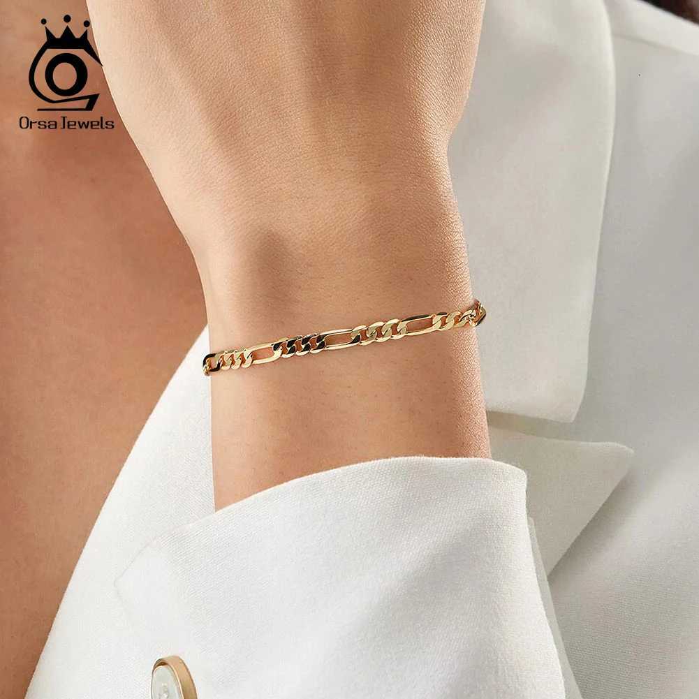 ORSA JEWELS 100 925 Sterling Silver Italian 33mm Diamond-Cut Figaro Chain Bracelet for Women Handmade Party Jewelry SB66T251110
