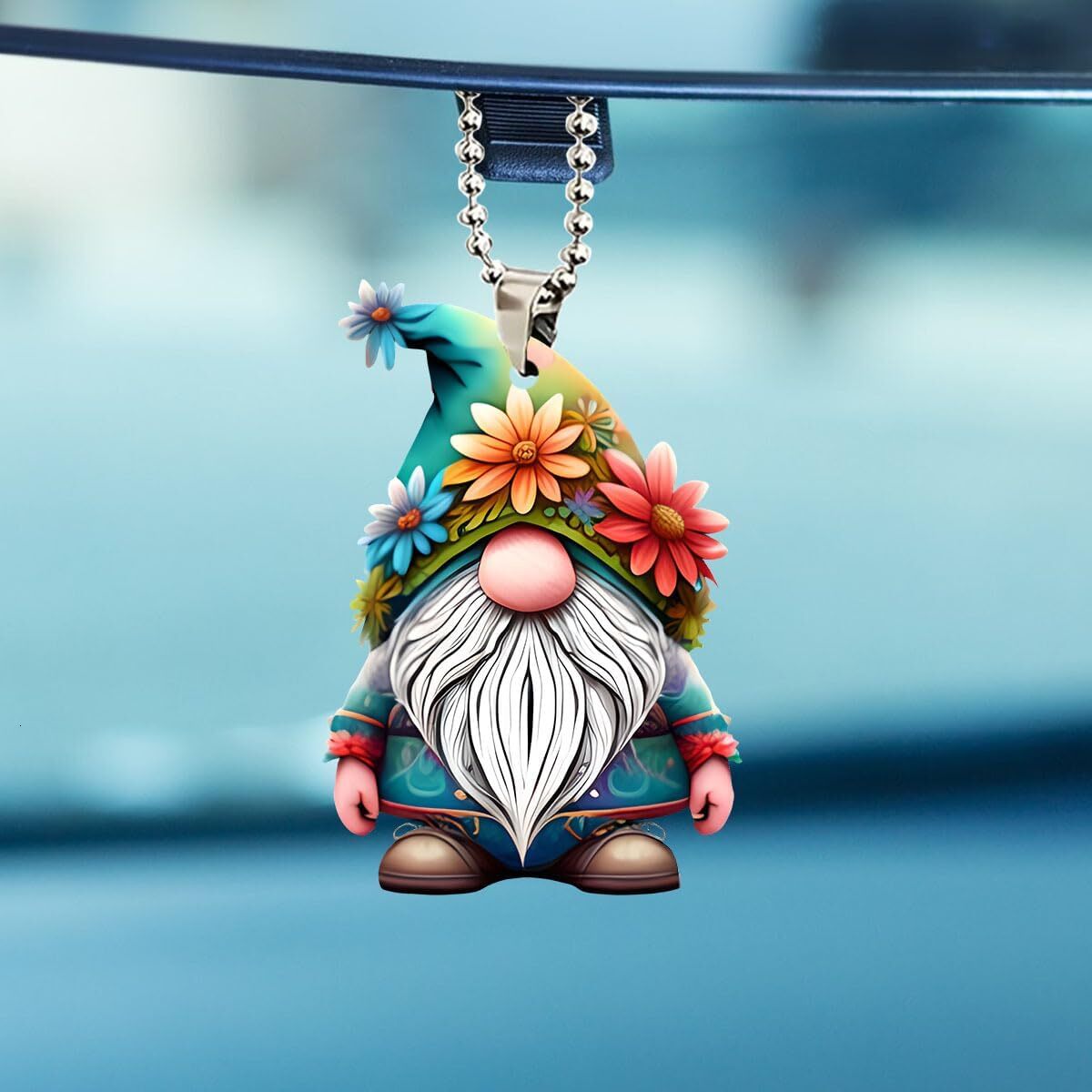 Christmas Floral Gnome Car Ornament, Hanging Decoration with Flowers and Beard, Backpack Keychain Pendant, Gifts for Family or Friends ddmybear