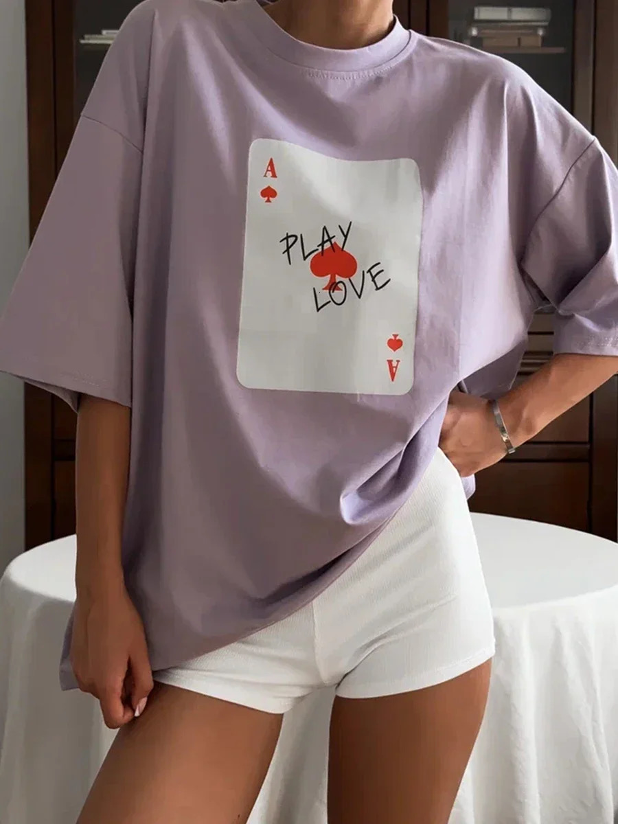 DFCF Poker Card Printed T-shirt for Women 100% Cotton Fashion O-neck Loose Short sleeved Womens Summer Casual Top 250410