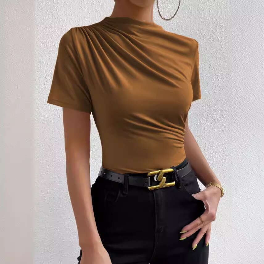 Cross-border European and American Summer New Fashion Versatile Solid Color Ruched Short Sleeve Slim Fit Pullover Top