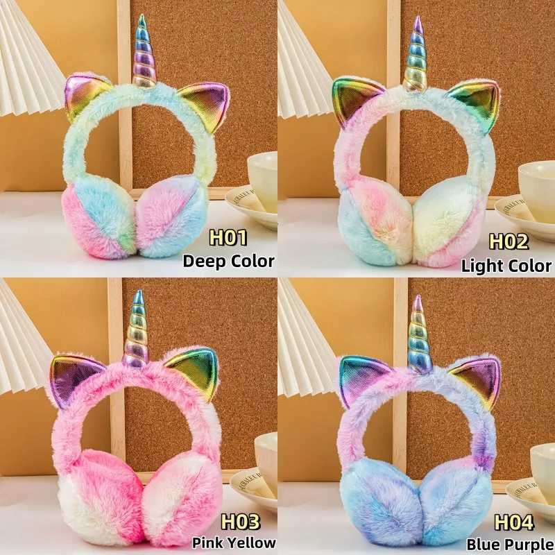 Children Girls Winter Warm Colorful Unicorn Thermal Earmuffs Tie-dye Fur Ears Cover Ski Snow Soft Plush Fluffy Cat Ears Earflap W251110