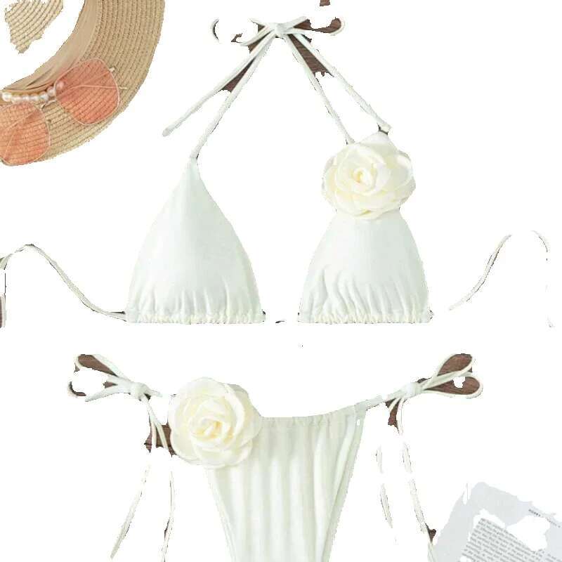 S-L sexy 3D floral suspender women's two-piece set bikini swimsuit