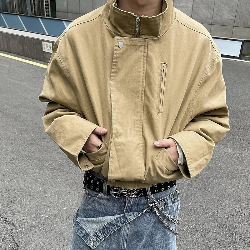 PFNW unisex American high street Distressed Stand collar silhouette khaki jacket mens trend retro workwear short jacket 12C2245 250410