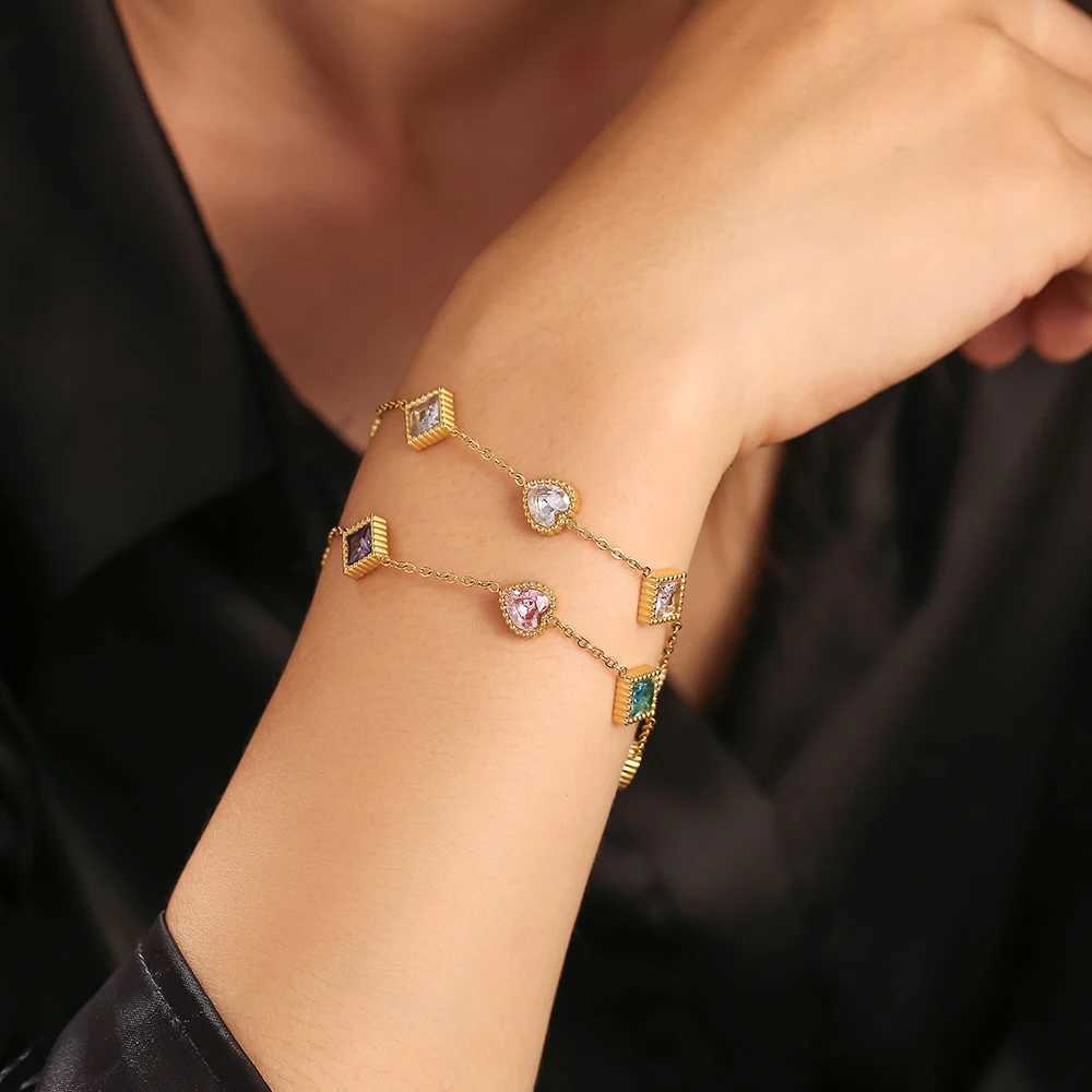 Colorful Square And Heart Zircon Bracelet For Women 18K Gold Plated No Tarnish Charm Womens Stainless Steel Braccelets JewelryT251110