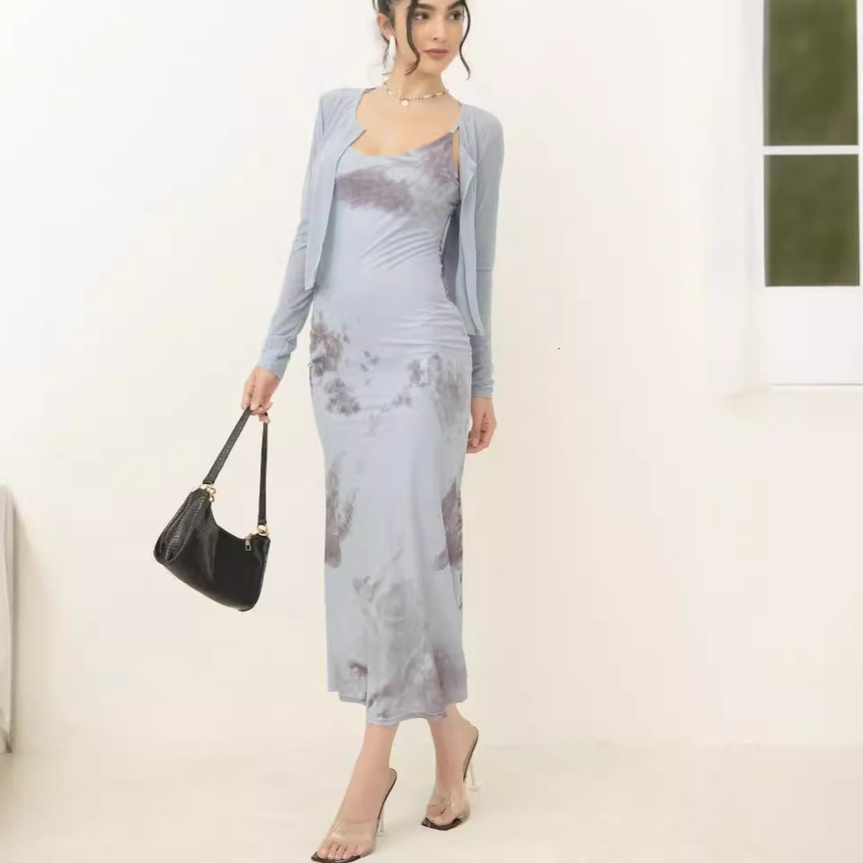 French high-end fishtail skirt set for women, 2025 autumn new versatile slim fit camisole dress+cardigan