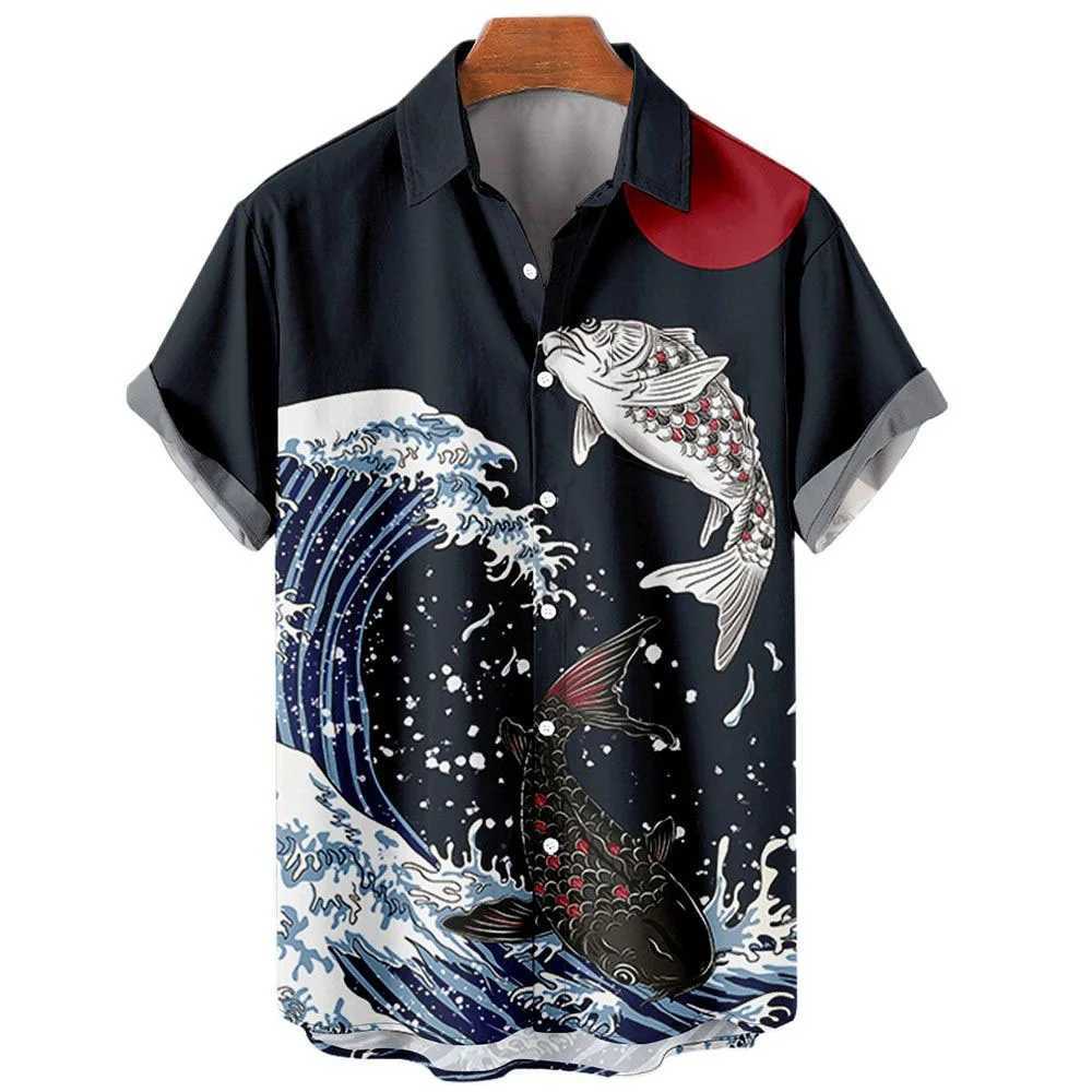 Mens Hawaiian shirt 3D printed short sleeved casual lapel beach style top retro wave imported fashion X250410