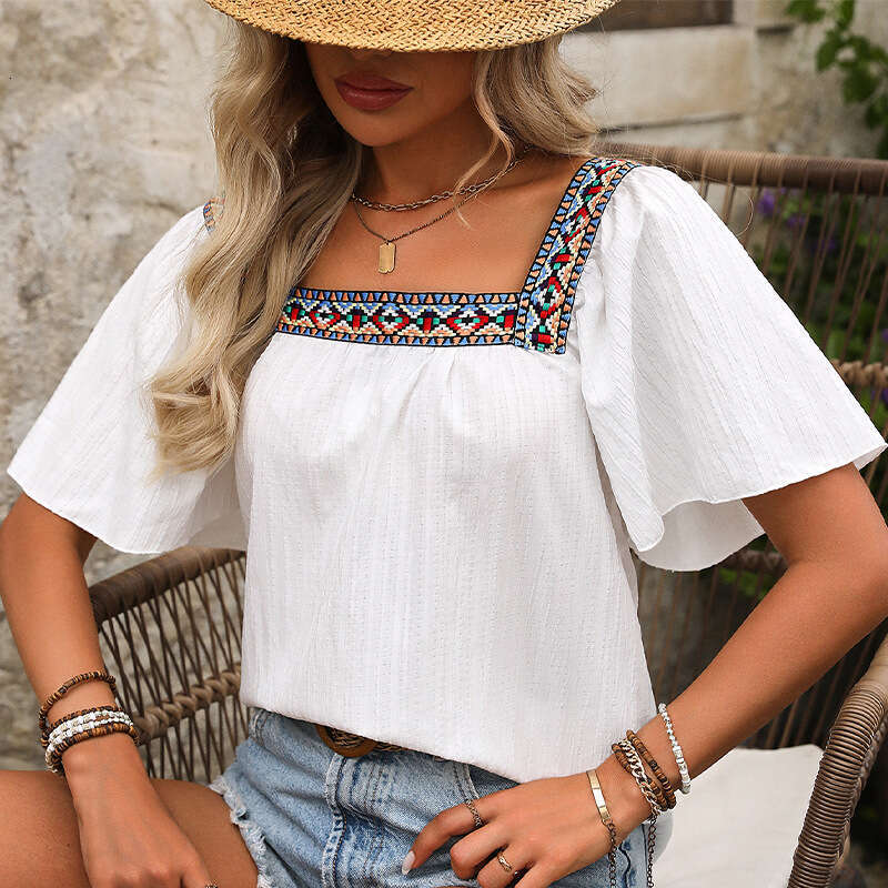 Cross-Border Foreign Trade European and American Summer Vacation Lace Embroidery Square Neck Shirt Pullover Ruffle Short Sleeve Backless Blouse Women&