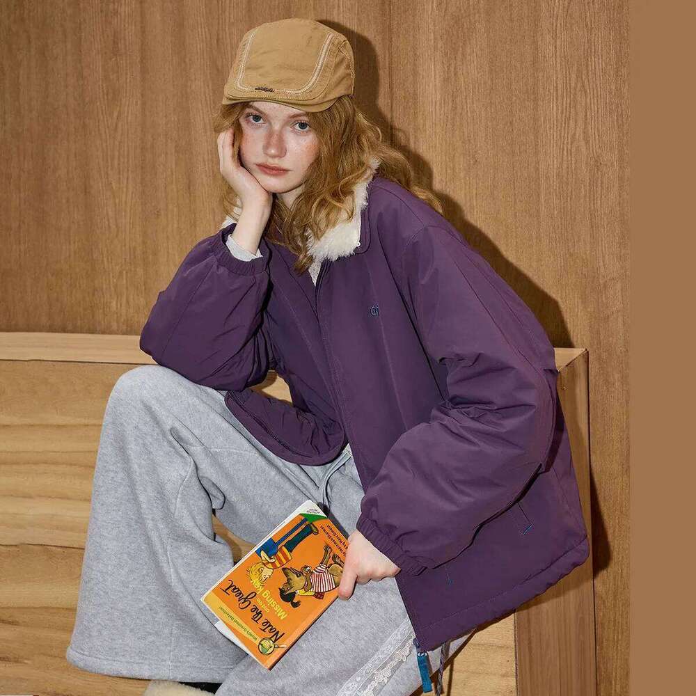 Winter Women's American Vintage Fur Collar Jacket Oversized Zip Up Parka Warm Cotton Padded Coat Loose Fit Outdoor Wear