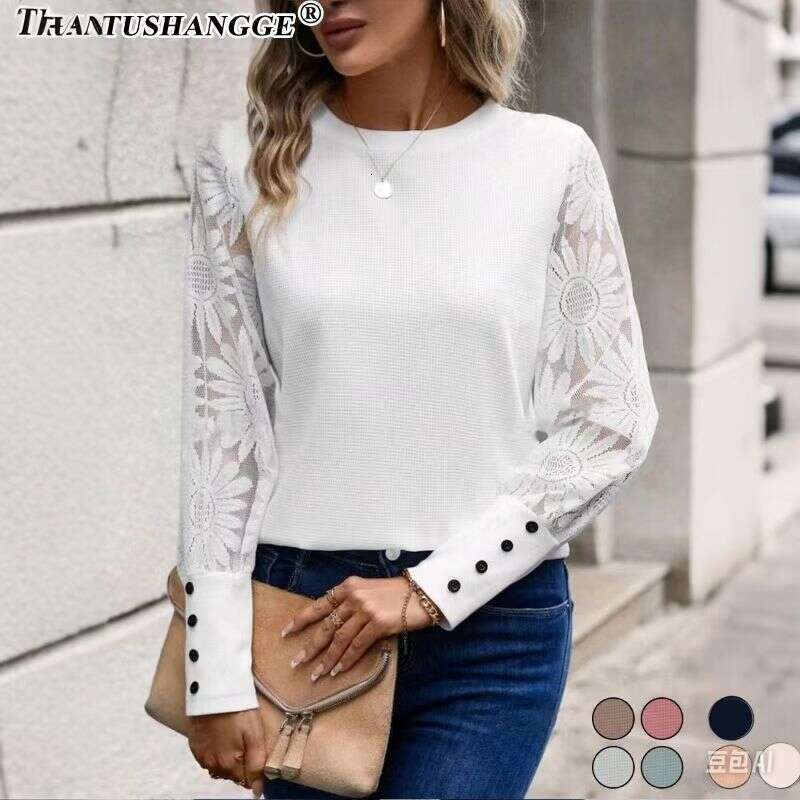 2024 Autumn Hot-Selling European and American Foreign Trade Amazon Solid Color Long Sleeve Embroidered Lace Patchwork Waffle Round Neck Top