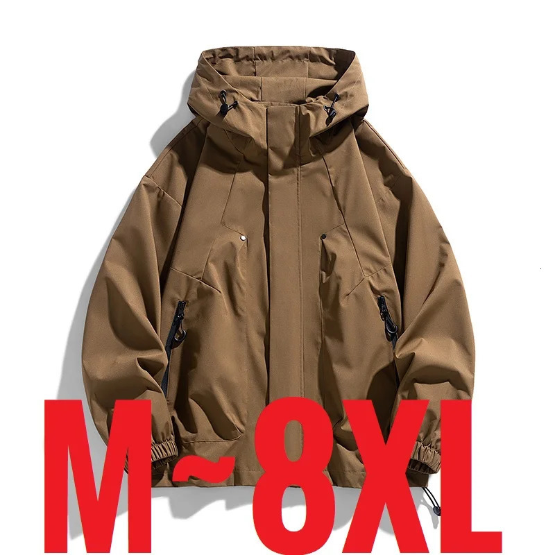 Large mens oversized jacket hooded waterproof and windproof mens large spring bomber jacket outdoor camping fishing hiking 250410