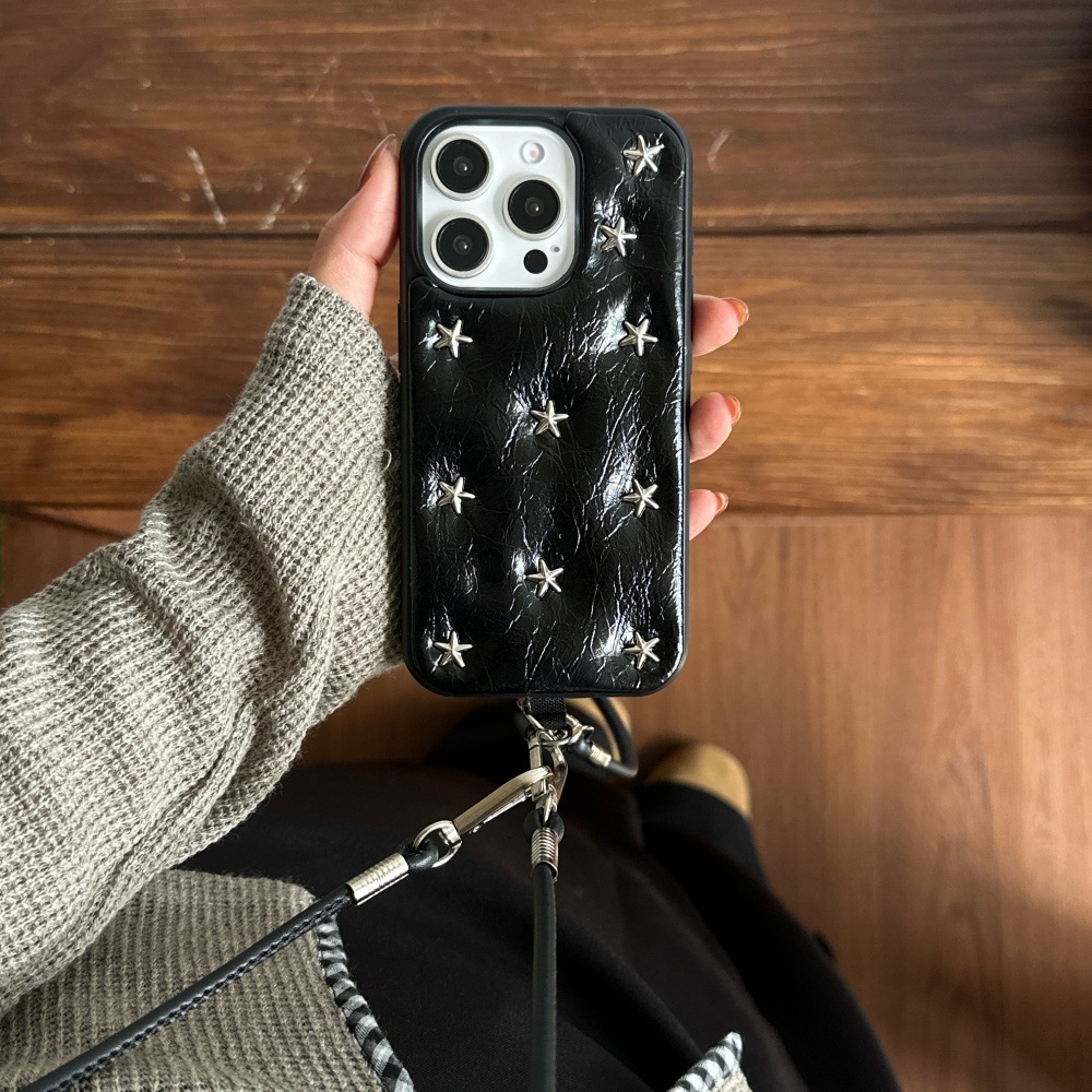 Black Oil Wax Leather Pentagram Rivet Phone Case Compatible with iPhone 17/16 Simple Anti-drop iPhone 15/14 Pro Niche
