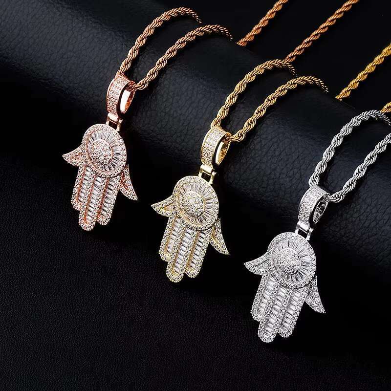 Wholesale Hip Hop Jewelry Copper 3A Zircon 14K Gold Plated Hamas Hand Pendant