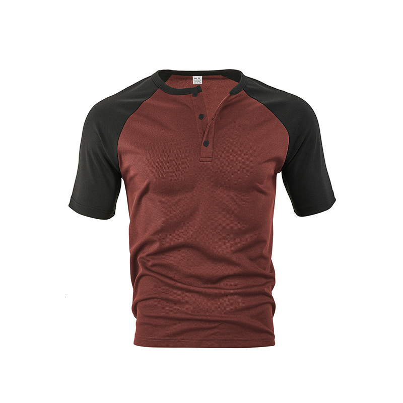 2025 color blocked trendy short sleeved Henry shirt summer new versatile round neck