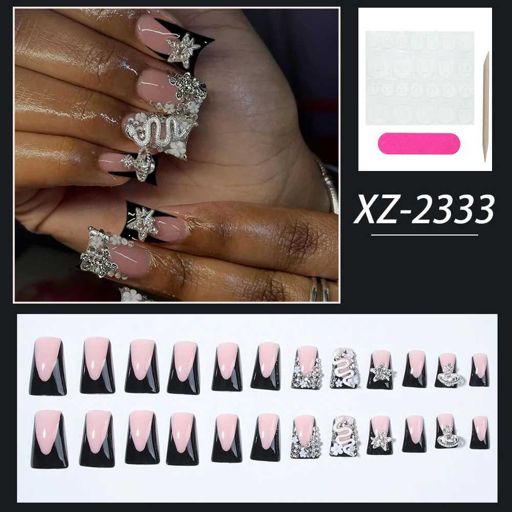 24 short square nail tips. 3D snake shaped diamond. Black duckfoot shaped French full stick covered nail art. W250410