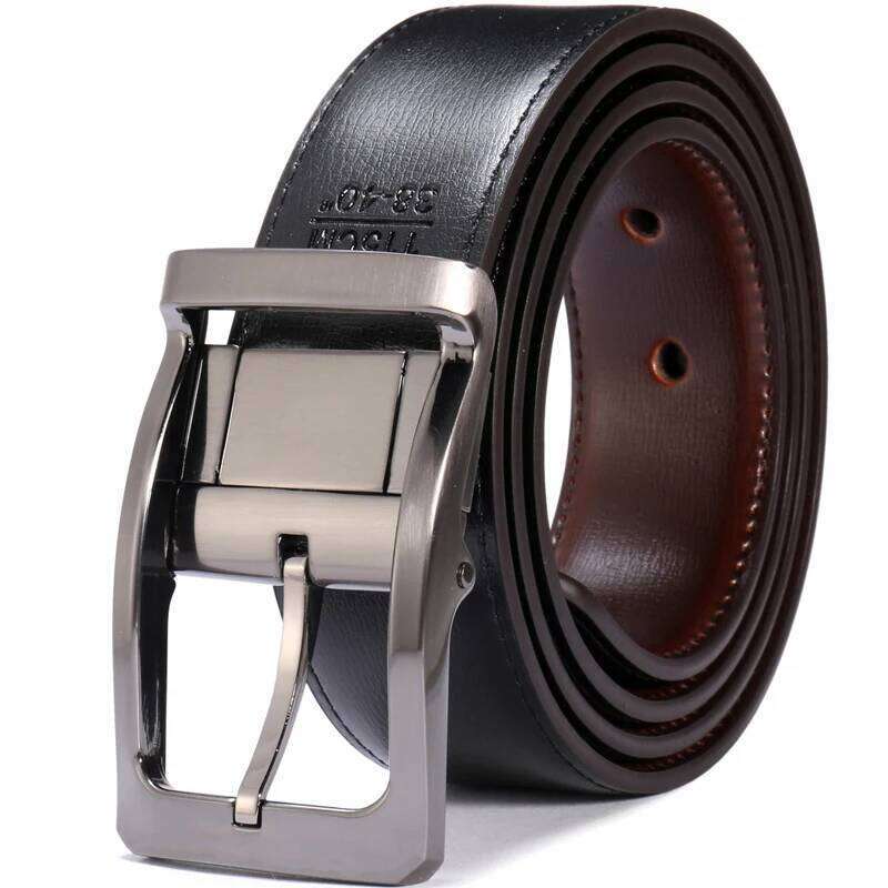 1Pcs Men's Genuine Leather Reversible Belt Rotated Buckle Two In One Big And Tall