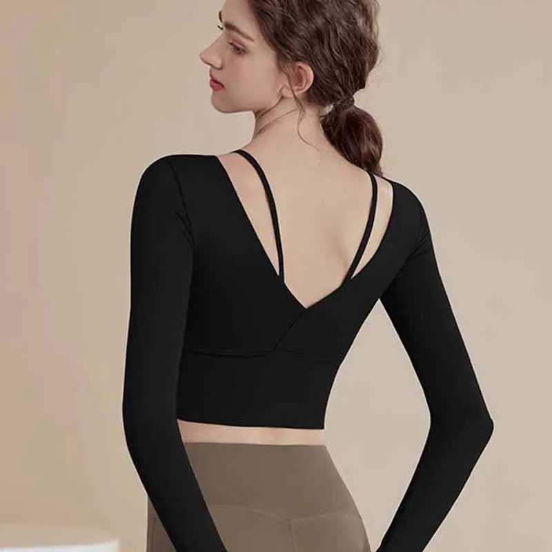 Womens sexy back sweatshirt cut top sports yoga long sleeved Pilates sweatshirt training gym topXJ250410