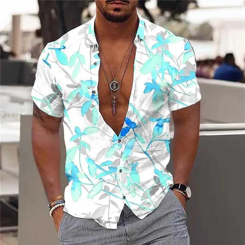 New Summer Mens Hawaiian Shirt Maple Leaf Print V-neck Mens Button Short Sleeve Top Street Clothing Trend Mens Clothing X250410