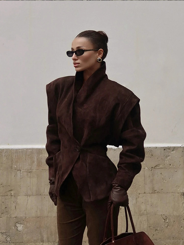 Solid Waist Cinching Blazer Women Shoulder Pads Lapel Single Breasted Long Sleeves Jackets Chic Elegant Casual Street Outerwear 251110