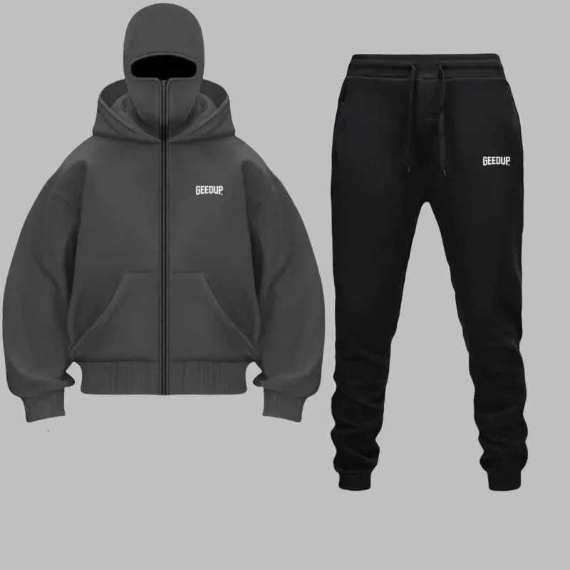 2025 Autumn Winter Men Zippered Hooded Sweatshirt Set - Balakrava Street Fashion Windproof Ninja Letter Design Two-Piece Set W251110