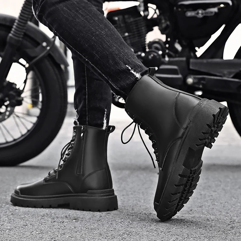 Black Mens Casual Leather Boots Fashion Winter Men Work Boot Mens Shoes Non-slip High Top Ankle Boots Motorcycle Shoes 251107