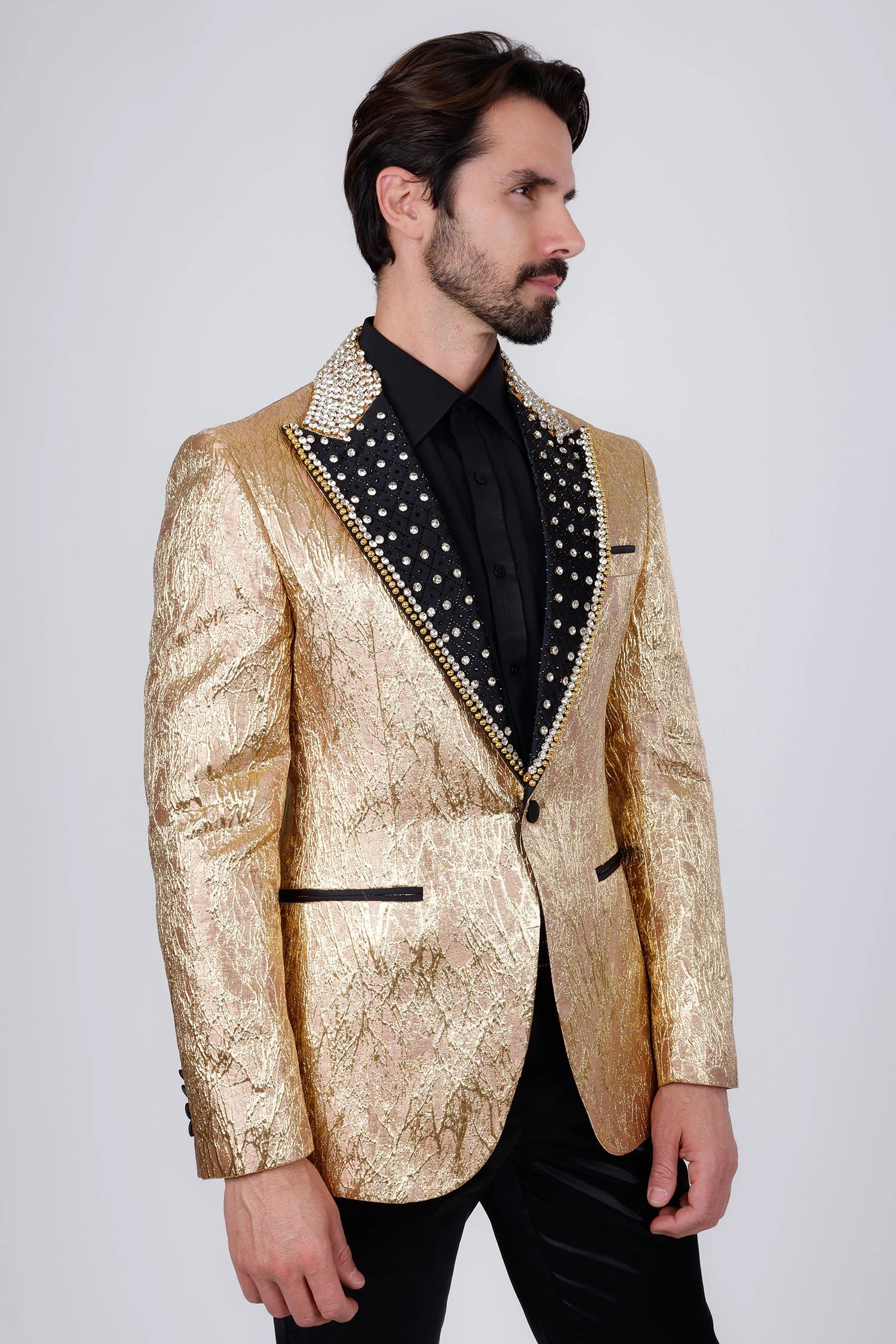 Unique Men's Jacket Rhinestone Blazer Two Pieces Set Peaked Lapel One Button Beading Shiny Coat Flat Customized Jacket+Black Pants Plus Size