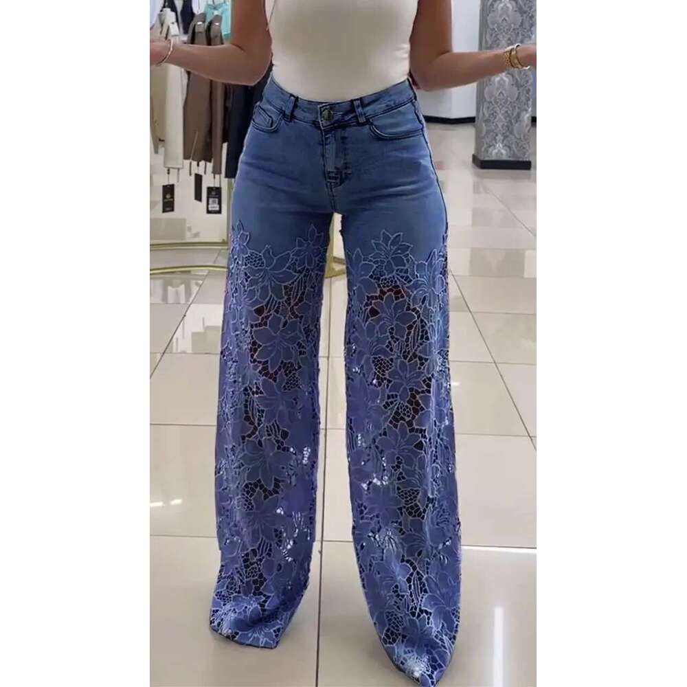 2025 High-Waisted Wide-Leg for Women, Spring/Summer Fashionable Elegant Versatile Lace Patchwork Denim Draped Pants