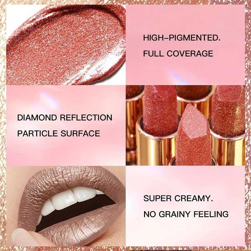 12 Colors Diamond Pearlescent Lipstick Glitter Shiny Metallic Lipstick Long Lasting Lip Tint Non-stick Cup Red Sexy Lips MakeupT251110