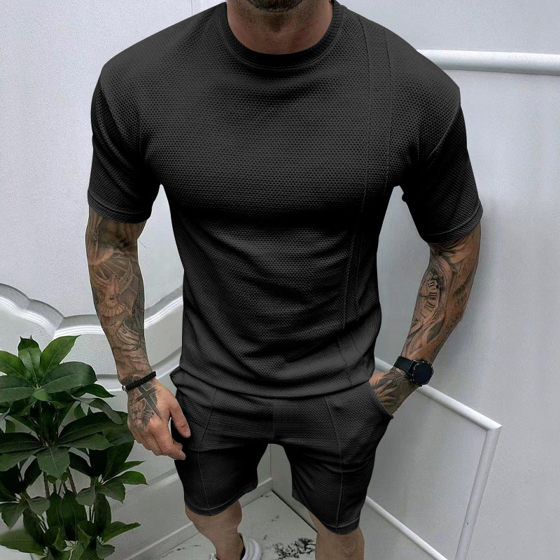 Tem summer mens casual slim fit sports top and shorts set