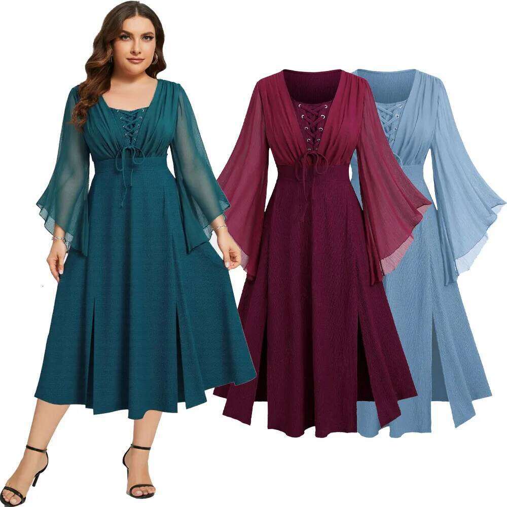 ROSEGAL Plus Size Dresses Lace Up Ruched Mesh Flare Sleeves Textured Split 2025 Autumn Women Daily Holiday Casual Dress