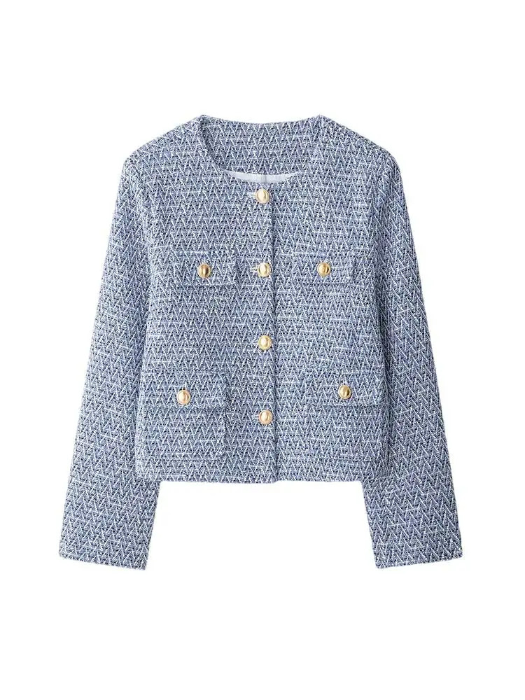 Womens Tweed Jacket Coat Long Sleeve with Pockets Front Metal Button Chic Outerwear Female Tops 251110