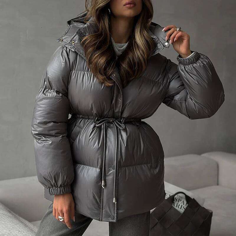 Drawstring Cotton Padded Parka Jackets For Women Hooded Collar Folds Zip-Up Fashion Solid Autumn Winter Warm Outerwear