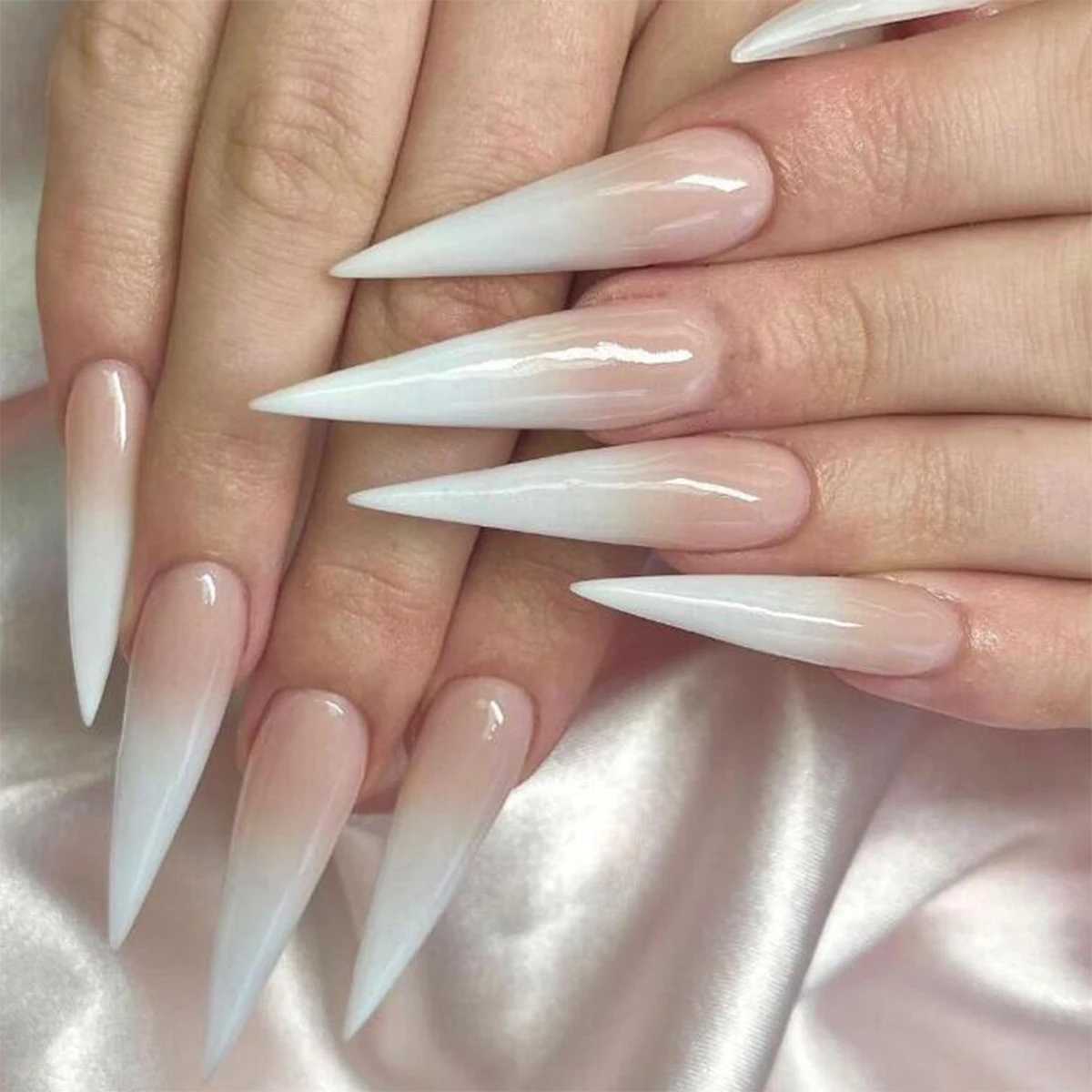 Fashion trend 24 pieces/set womens long slim high heels French white gradient full coverage wearable fake nail press W250410
