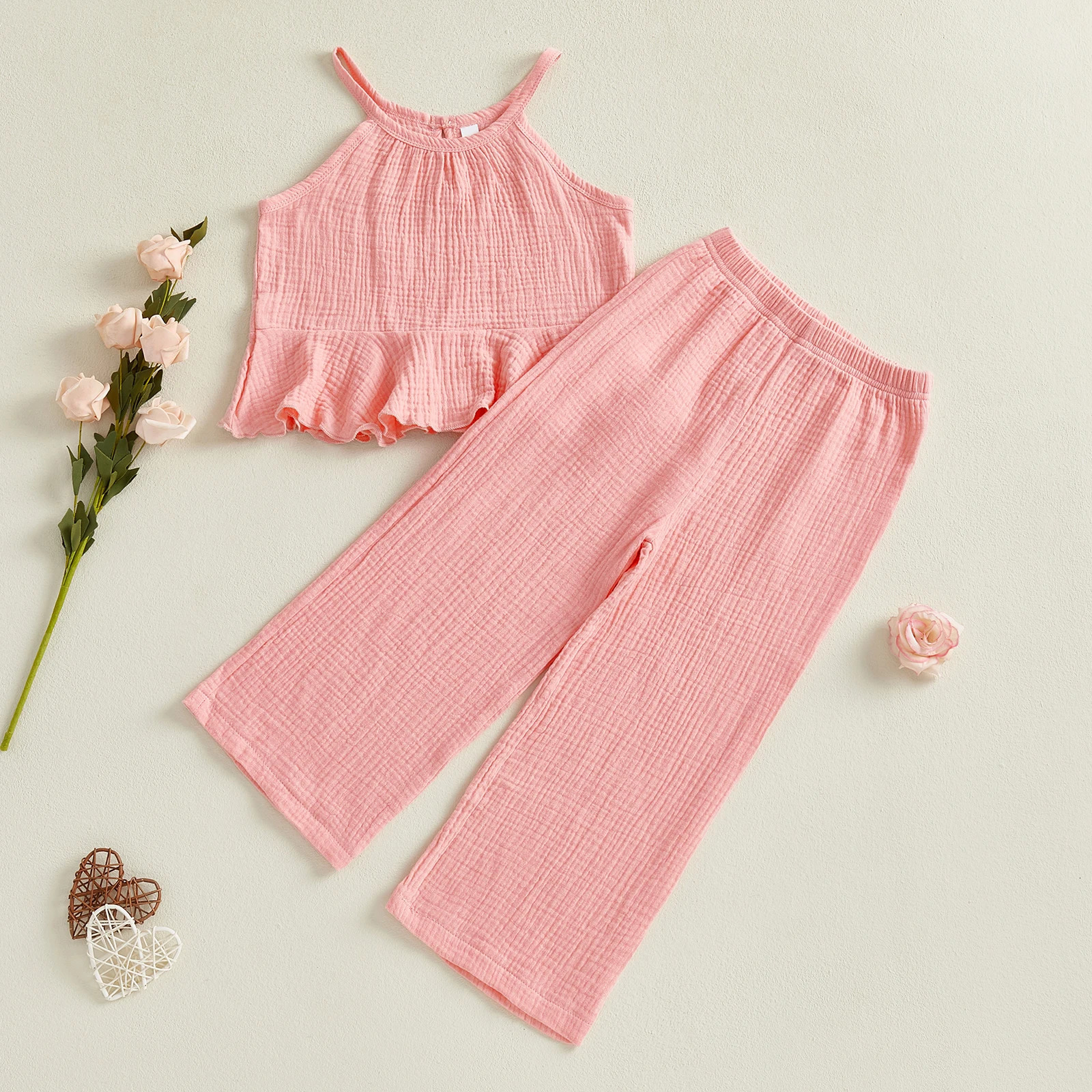Summer Cotton Linen Baby Girl 2PCS Summer Set Sleeveless Ruffle Cami TopWide Leg Pants Set Casual Preschool Clothing Set 250409