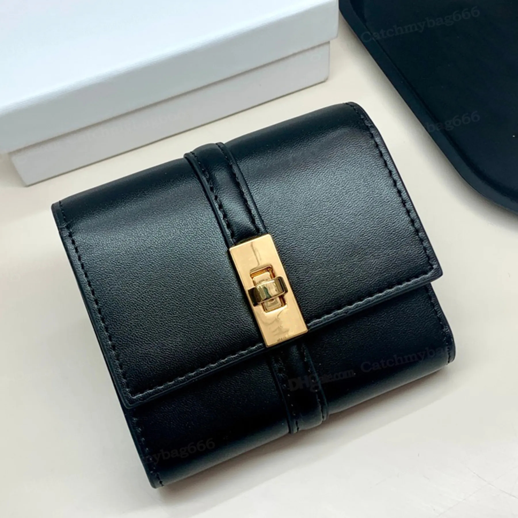top quality small wallet in shiny calfskin luxury designer golden hardware turn lock closure cardholder snap button clutch bag fashion women casual shopping purse
