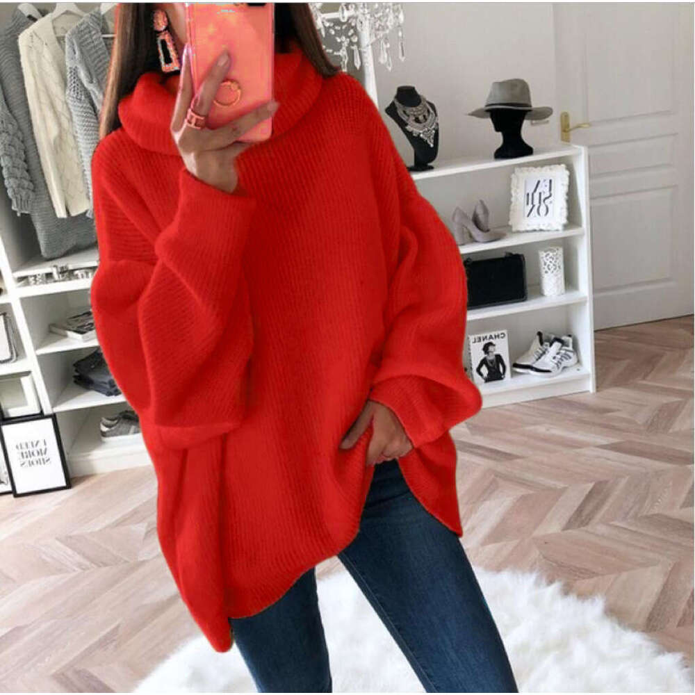 2024 European and American Women's Amazon Solid Color High Neck Knitted Pile Collar Plus Size Loose Cross-Border Sweater for Women