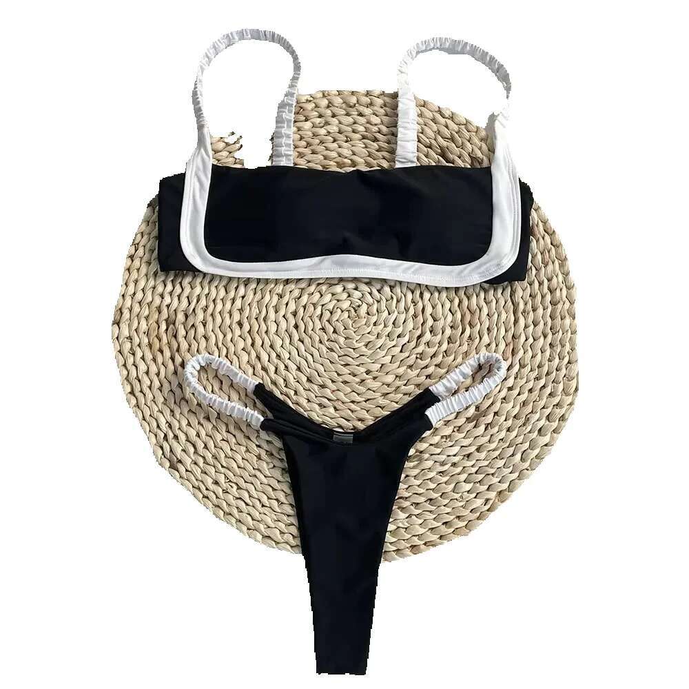 Serenechic 2025 New Tight Beach Travel Black and White Splicing Sexy Bikini Set Swimsuit Women's Summer