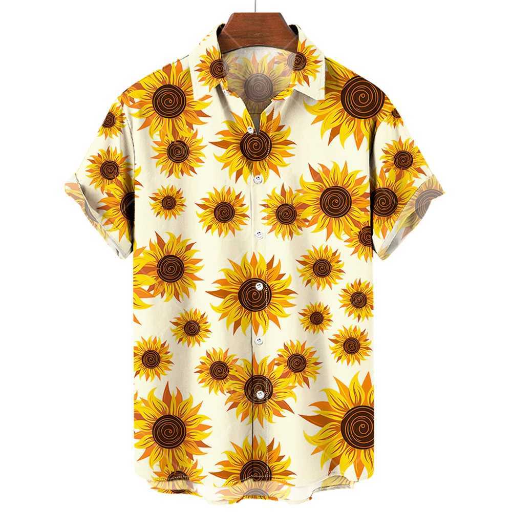 Sunflower Sunshine Print Hawaiian mens collar shirt mens fashion wide short sleeved T-shirt oversized clothing top X250410