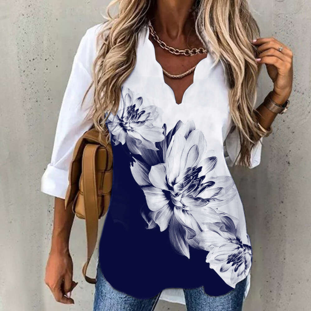 2025 Summer Amazon Cross-Border European and American Women's Fashion Elegant New Hot-Selling Wave Collar Shirt Printed Long Sleeve Women
