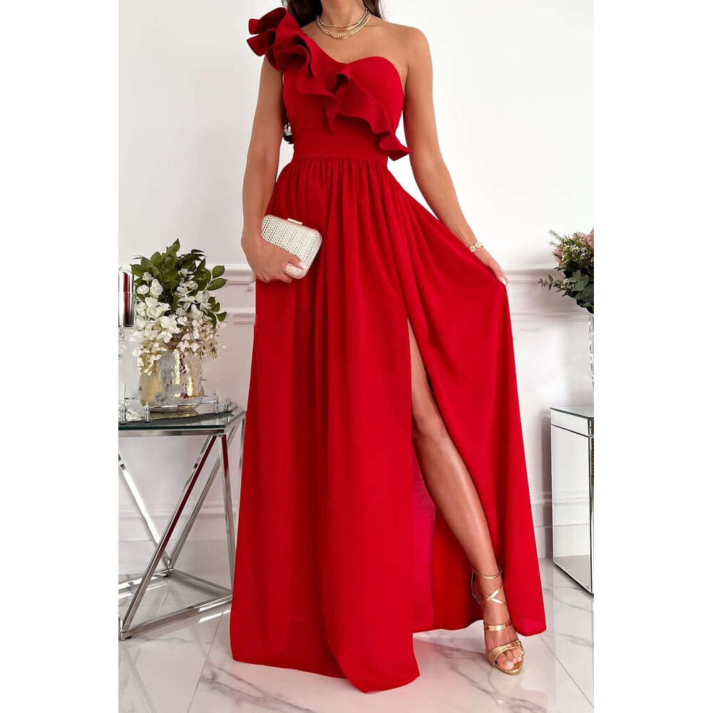 2025 new summer sleeveless shoulder lotus leaf hem slit dress for women, with a unique and elegant temperament