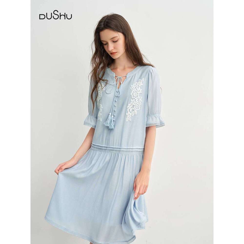 DUSHU Tassel Strap Embroidered 2025 Summer New Arrival Midi Dress 25Ds82898