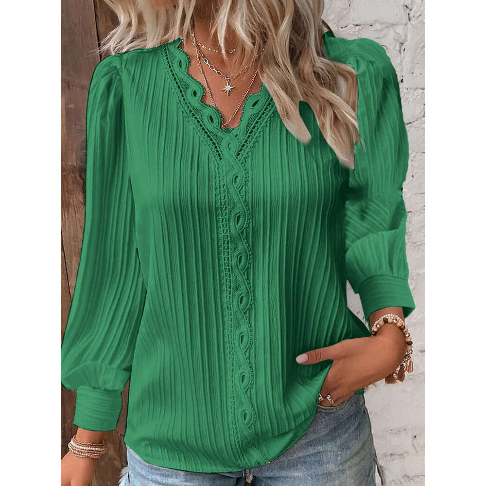 2025 Independent Station Wish Amazon Hot Item Autumn Long Sleeve V-Neck Lace Patchwork Shirt Blouse Women's Clothing