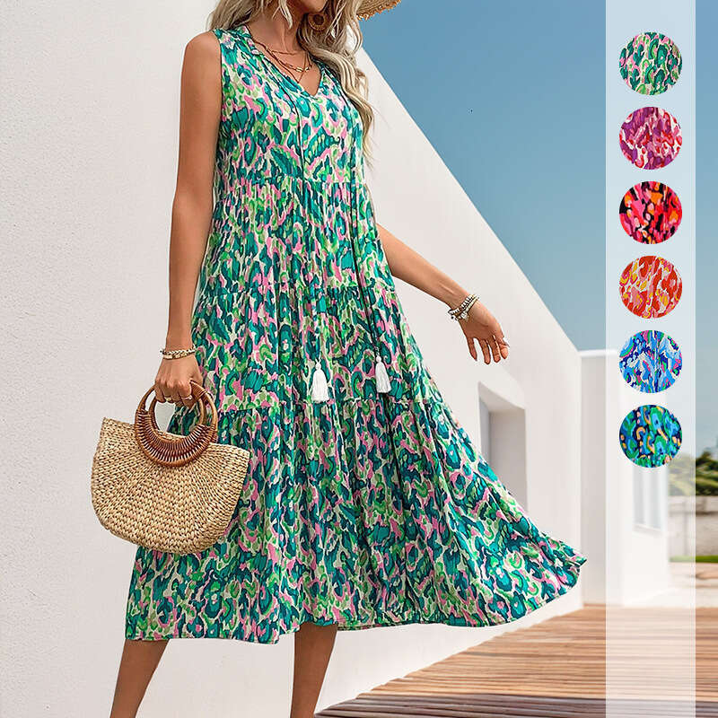 2025 European and American summer vacation style sleeveless V-neck tassel abstract printed dress with versatile temperament, new trendy clothing ins