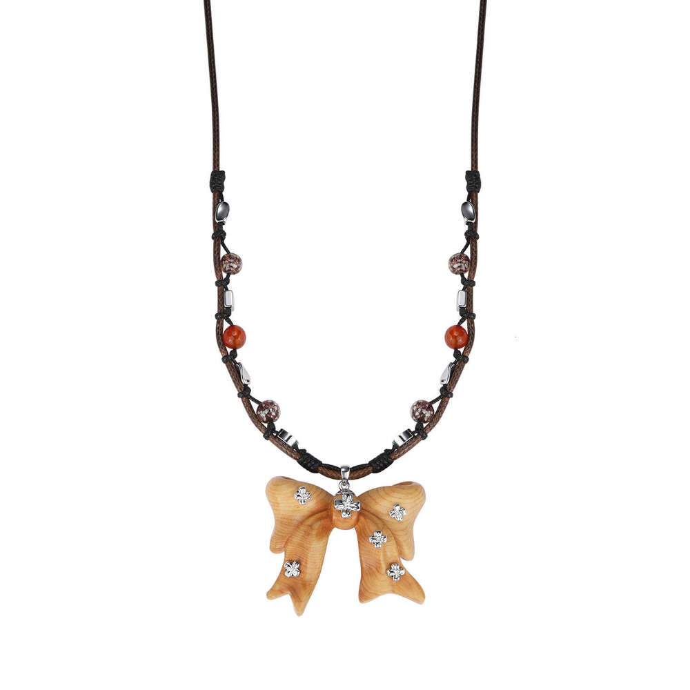 Milad Wooden Bow Pendant Necklace Women, Autumn and Winter Original Design, Light Luxury Niche High-end Sweater Chain for Women