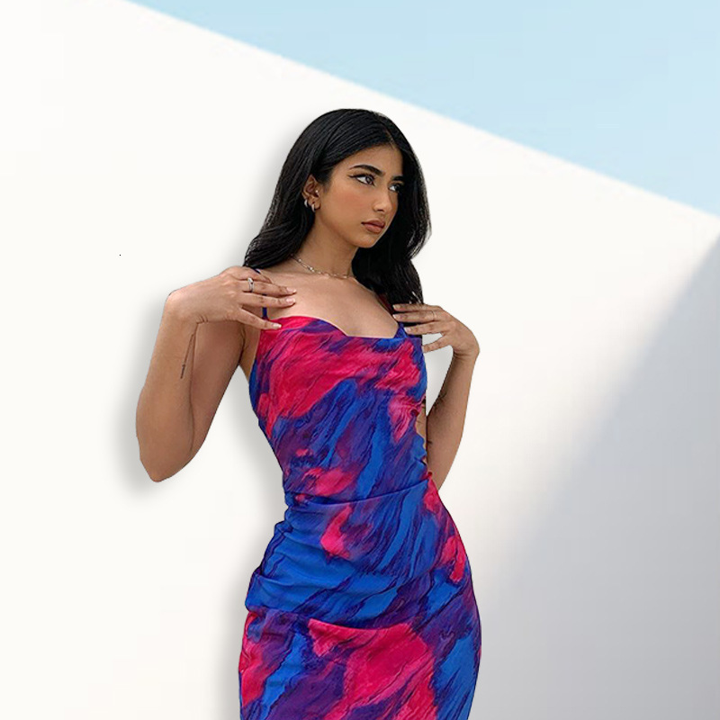 2025 Summer Women's Sexy Print Heap Neck Strap Open Back Midlength Dress