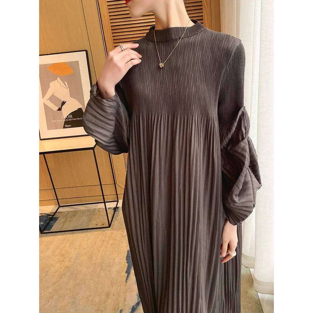 Miyake Pleated Puff Sleeve Dress Fall 2022 Winter New Solid Color Long Loose Women Causal Elegant Dresses Designer Clothes