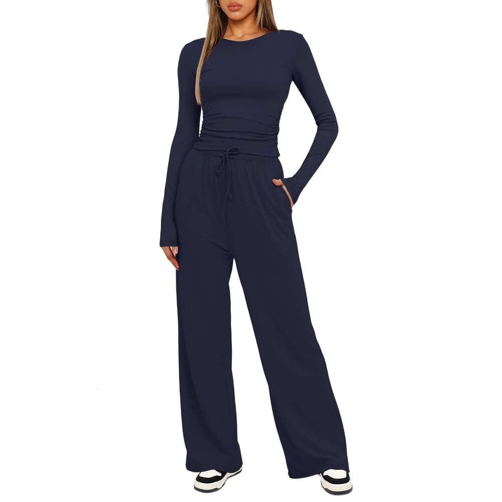 Hot-Selling Kardashian Solid Color Comfortable Wide-Leg Casual Pants Fashion Tie Suit Long Sleeve