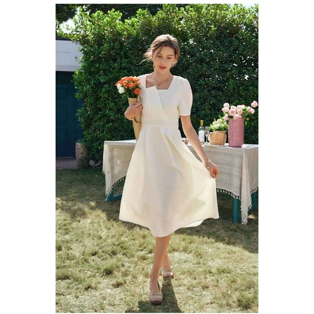 Olrain Women's Summer Short Sleeved Polyester 2025 Vintag Irregular Neck A-Line Elegant Folds Evening Dresses O24xl62615