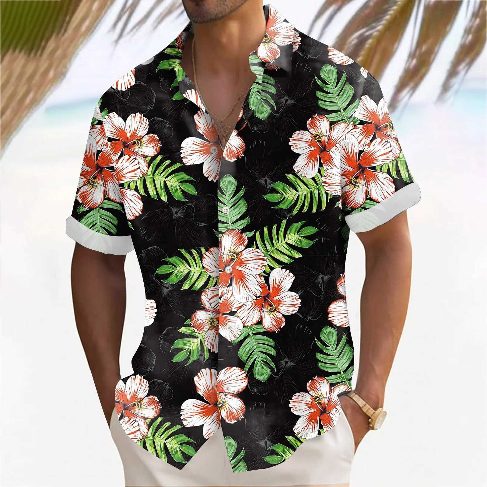Hawaiian mens 3D beach flower print short sleeved mens casual mens loose top X250410