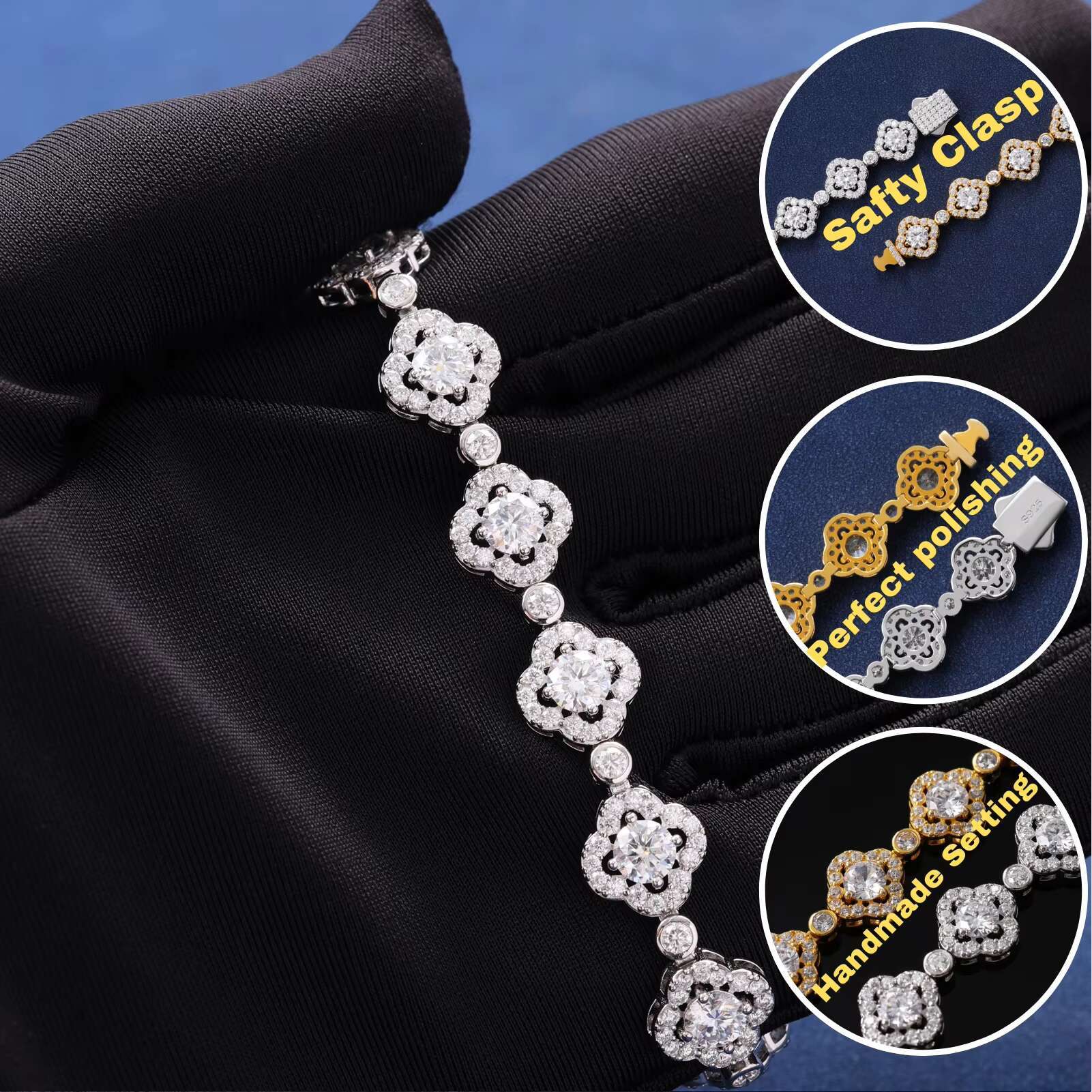 Factory Wholesale Waterproof 925 Silver VVS D Moissanite Diamond Four Leaf Tennis Bracelet Unisex Wedding/Party Hip Hop Jewelry